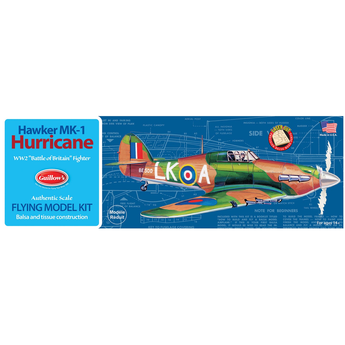 Guillow's Hawker MK-1 Hurricane WW2 balsa wood model airplane kit with colorful camouflage paint scheme