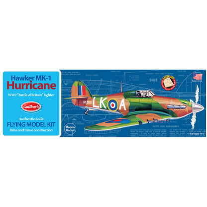 Guillow's Hawker MK-1 Hurricane WW2 balsa wood model airplane kit with colorful camouflage paint scheme