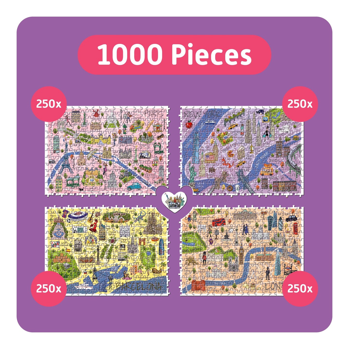TEAMPUZZLE City Trip 1000-piece jigsaw puzzle with 4 colorful city map sections