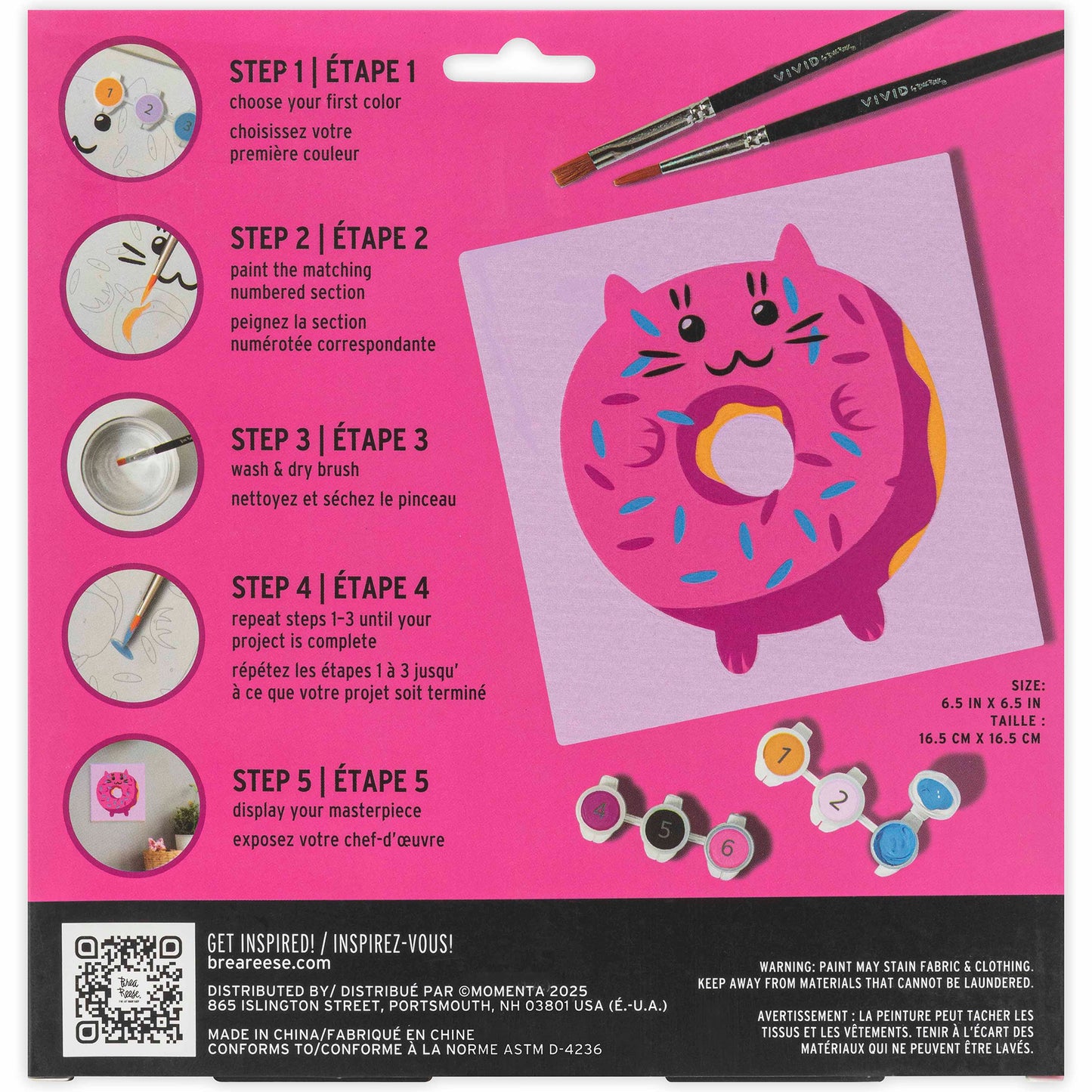 Mini Paint By Number Kawaii Cat Donut craft kit with pink donut cat design and paint brushes