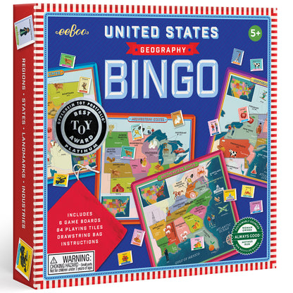 United States Geography Bingo game by eeBoo with colorful game boards, playing tiles, and map illustrations