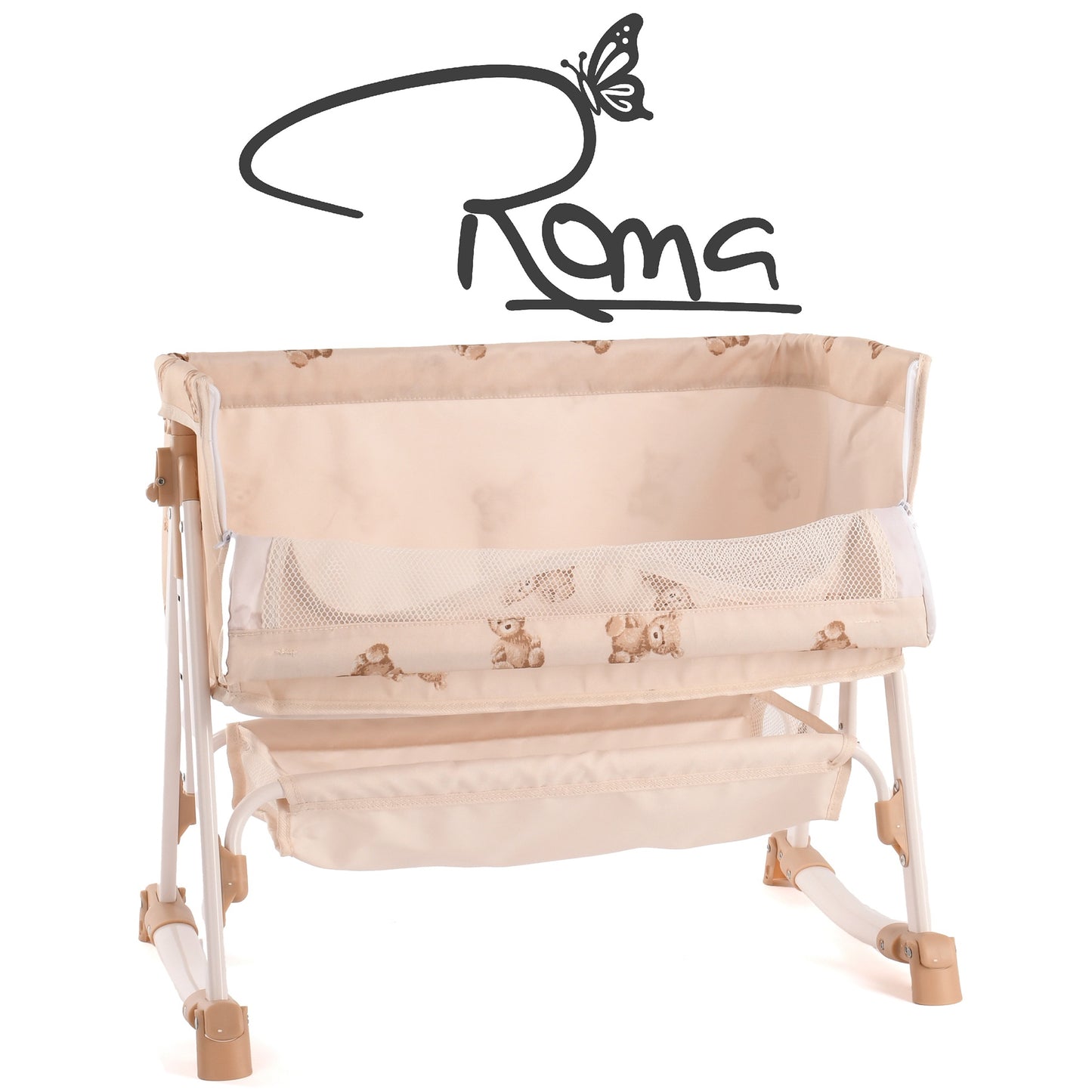 Roma Teddy Bedside Crib in beige with teddy bear design and mesh storage panels