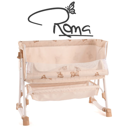 Roma Teddy Bedside Crib in beige with teddy bear design and mesh storage panels