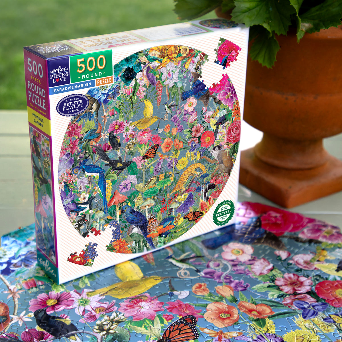 eeBoo Paradise Garden 500-piece round puzzle with colorful birds, flowers, and nature artwork