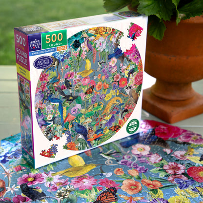 eeBoo Paradise Garden 500-piece round puzzle with colorful birds, flowers, and nature artwork