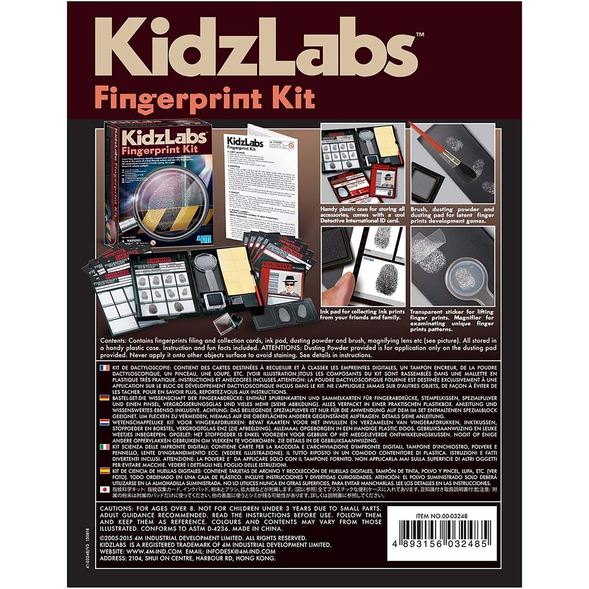 KidzLabs Fingerprint Kit with magnifying lens, ink pad, dusting powder, and collection cards