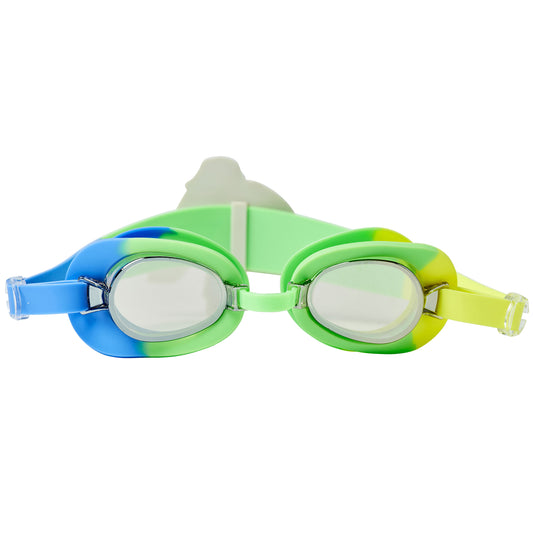 Eli the Elephant swimming goggles in green, blue and yellow with clear lenses