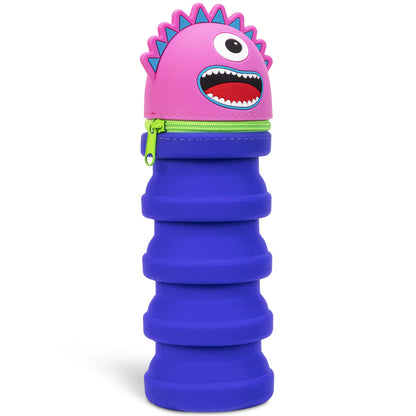 Retractable Pencil Case Monster in pink with blue spikes and lime green zipper