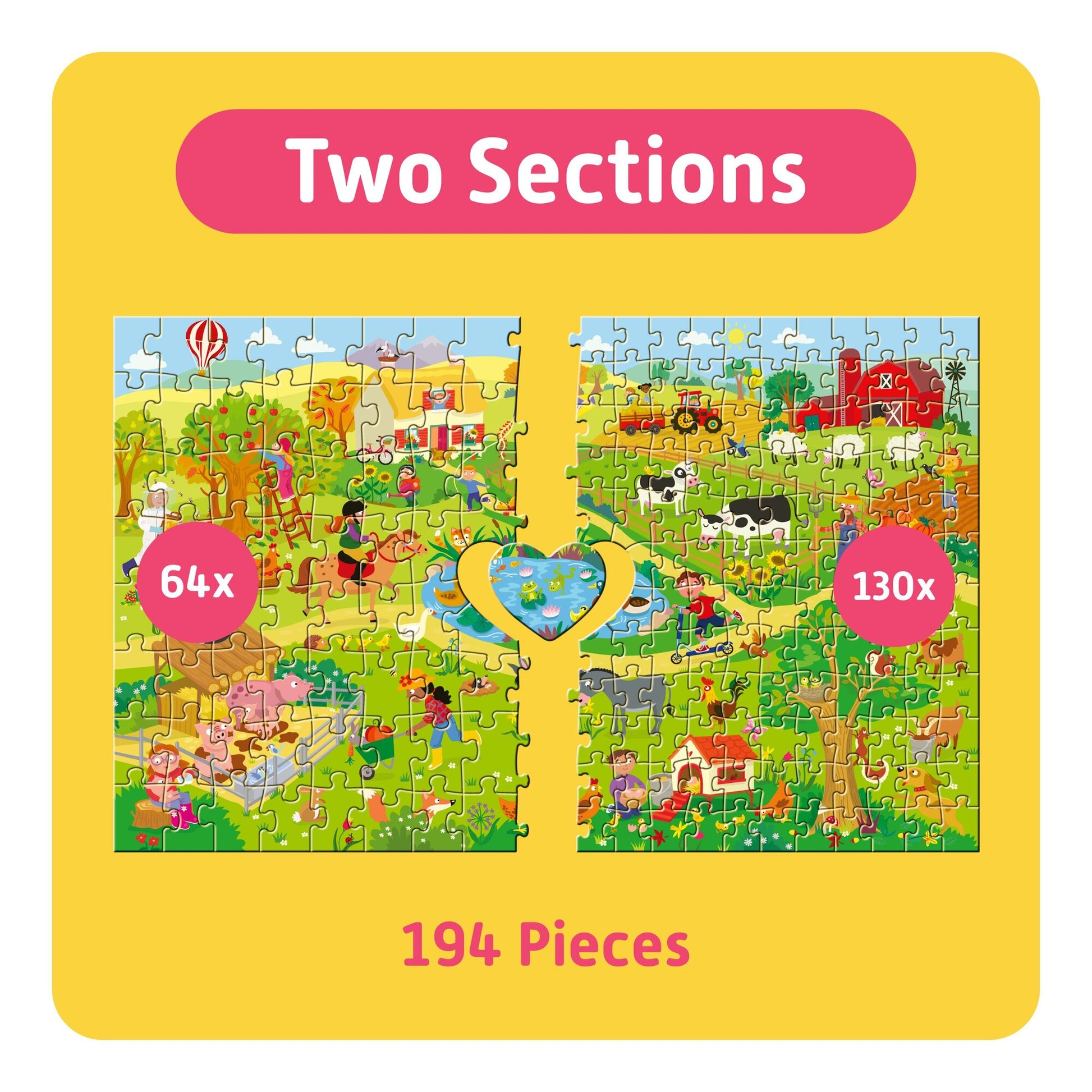 TEAMPUZZLE: On the Farm 194pc puzzle with 64pc and 130pc sections, colorful farm scene