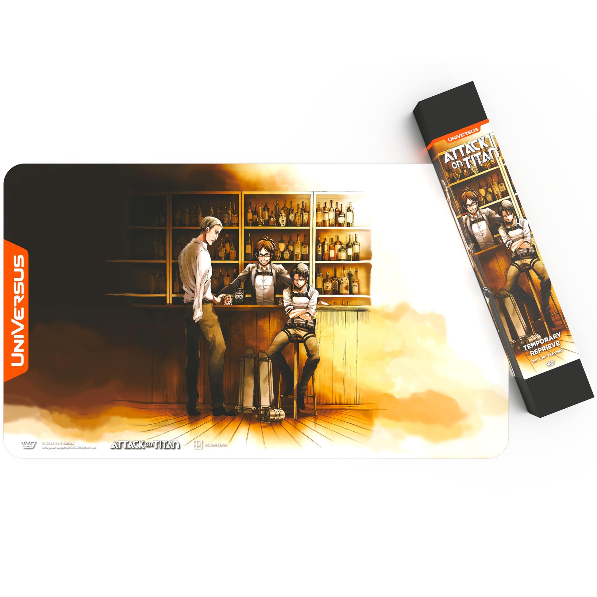 UniVersus Attack on Titan playmat and deck box showing anime characters in a bar setting with golden lighting
