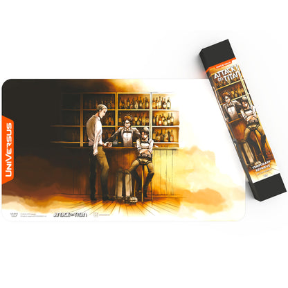 UniVersus Attack on Titan playmat and deck box showing anime characters in a bar setting with golden lighting
