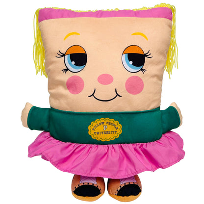 Pillow People Jill plush toy with beige square face, yellow yarn hair, pink cheeks, blue eyes, pink top, teal shirt with yellow college badge, hot pink skirt, a
