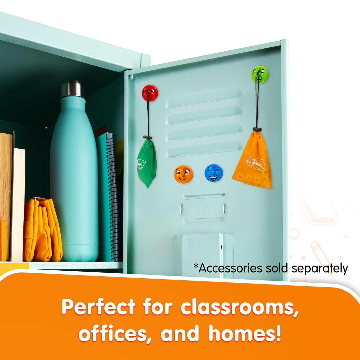 Happy Hooks magnetic organizer in turquoise with colorful smiley face hooks and storage shelves