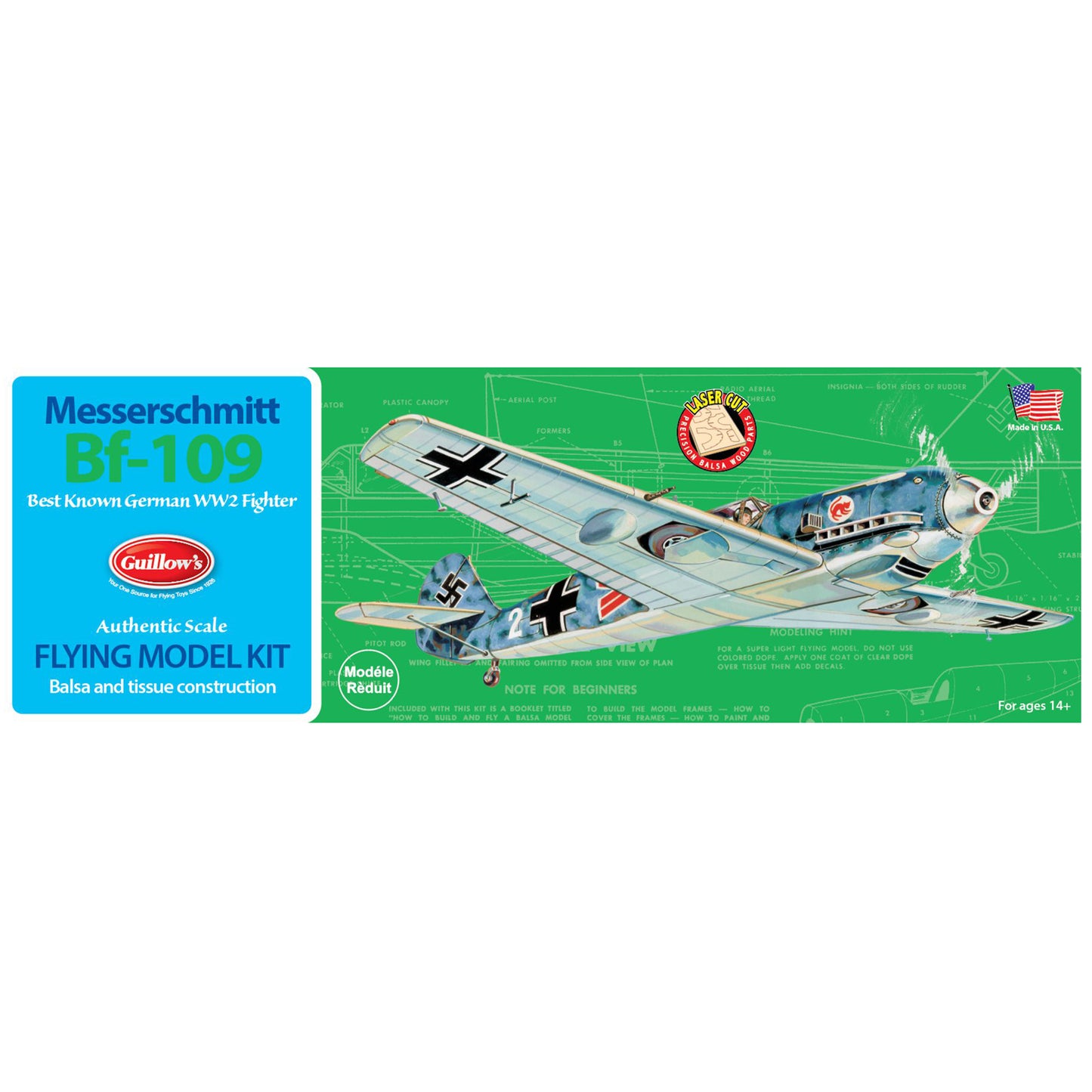 Messerschmitt BF-109 Flying Model Kit by Guillow's with authentic German WW2 fighter design