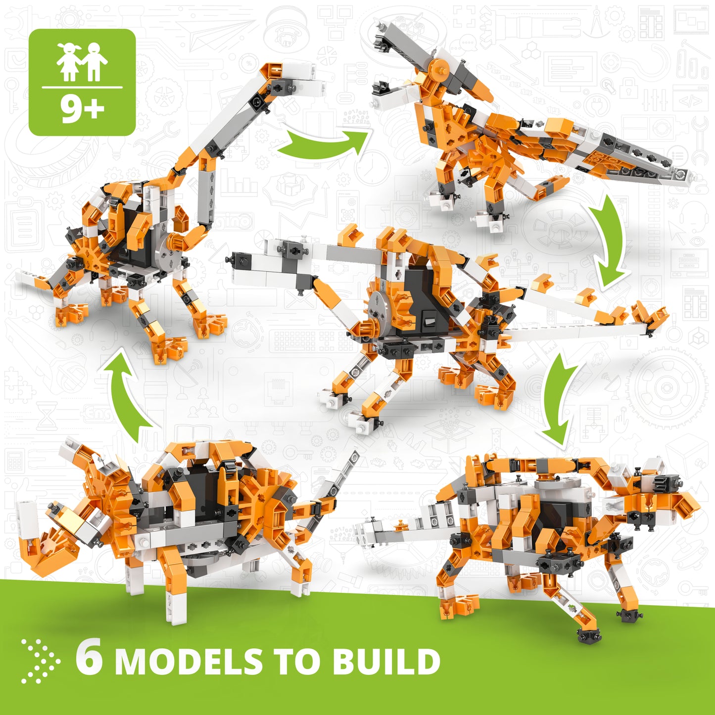Engino Paleontology 6 motorized dinosaur models building set in orange and black