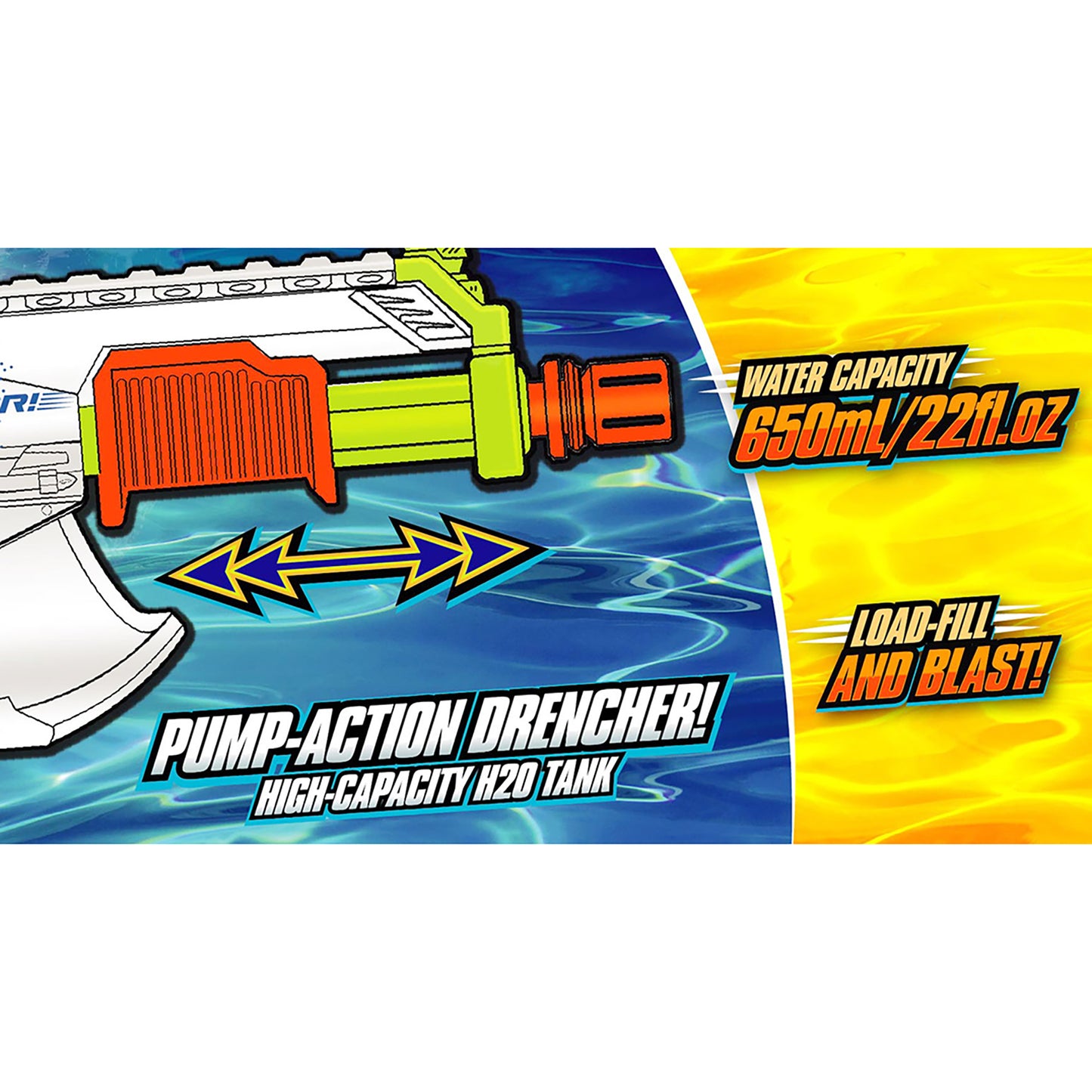 Water Blaster Saturator pump-action drencher with 650ml tank in orange and lime green