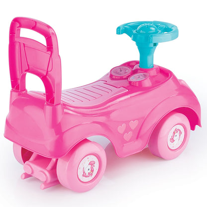Pink ride-on toy with unicorn design, high backrest, blue steering wheel, and heart decorations on sides