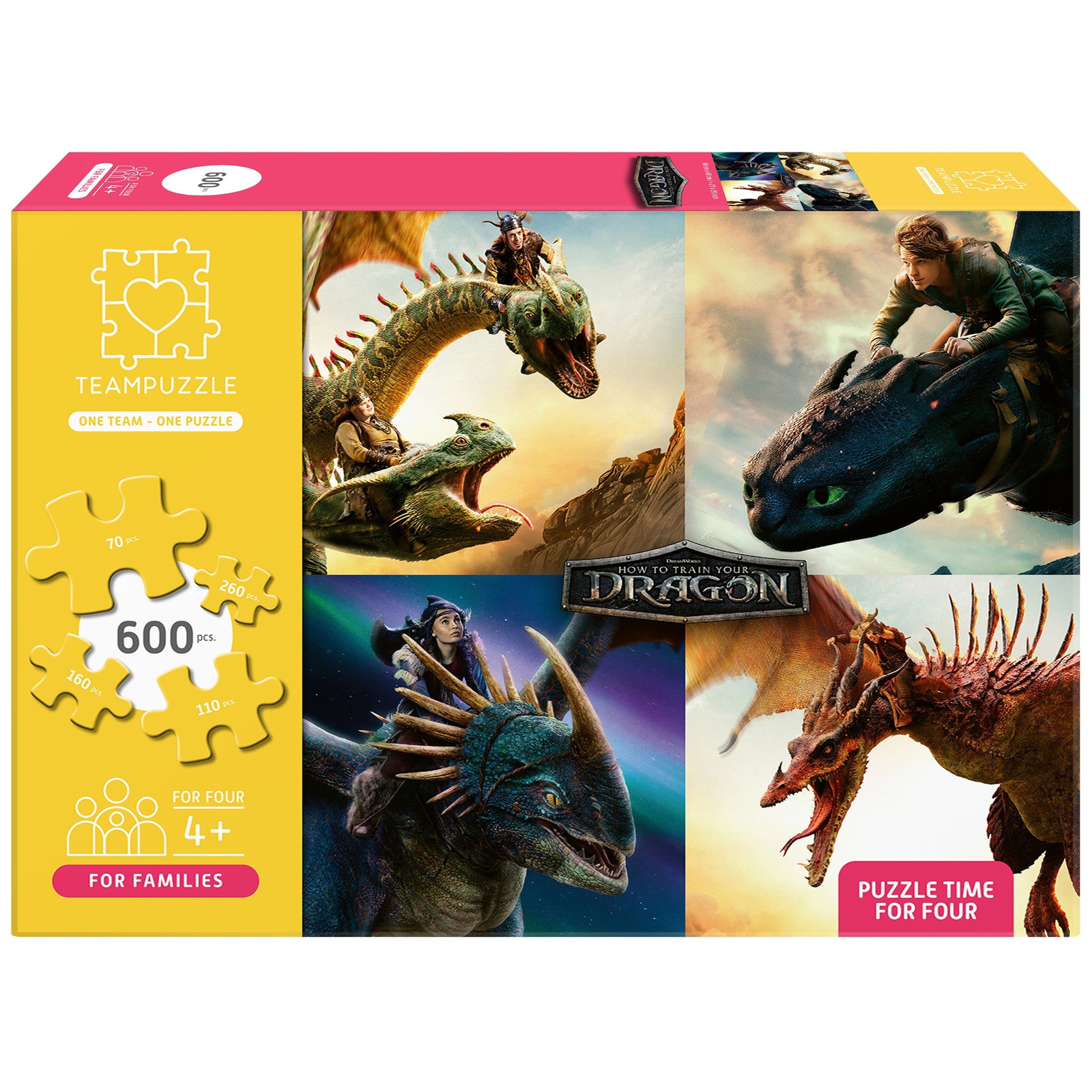 TEAMPUZZLE How to Train Your Dragon 600pc puzzle with 4 jigsaw sections featuring dragons and characters