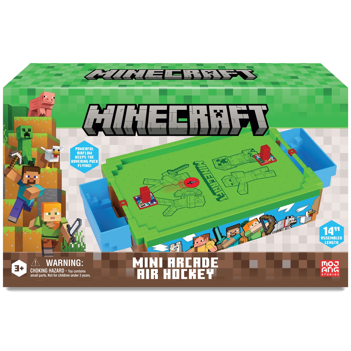 Minecraft Mini Arcade Air Hockey game with green overworld design and blue goals, 14 inch assembled length