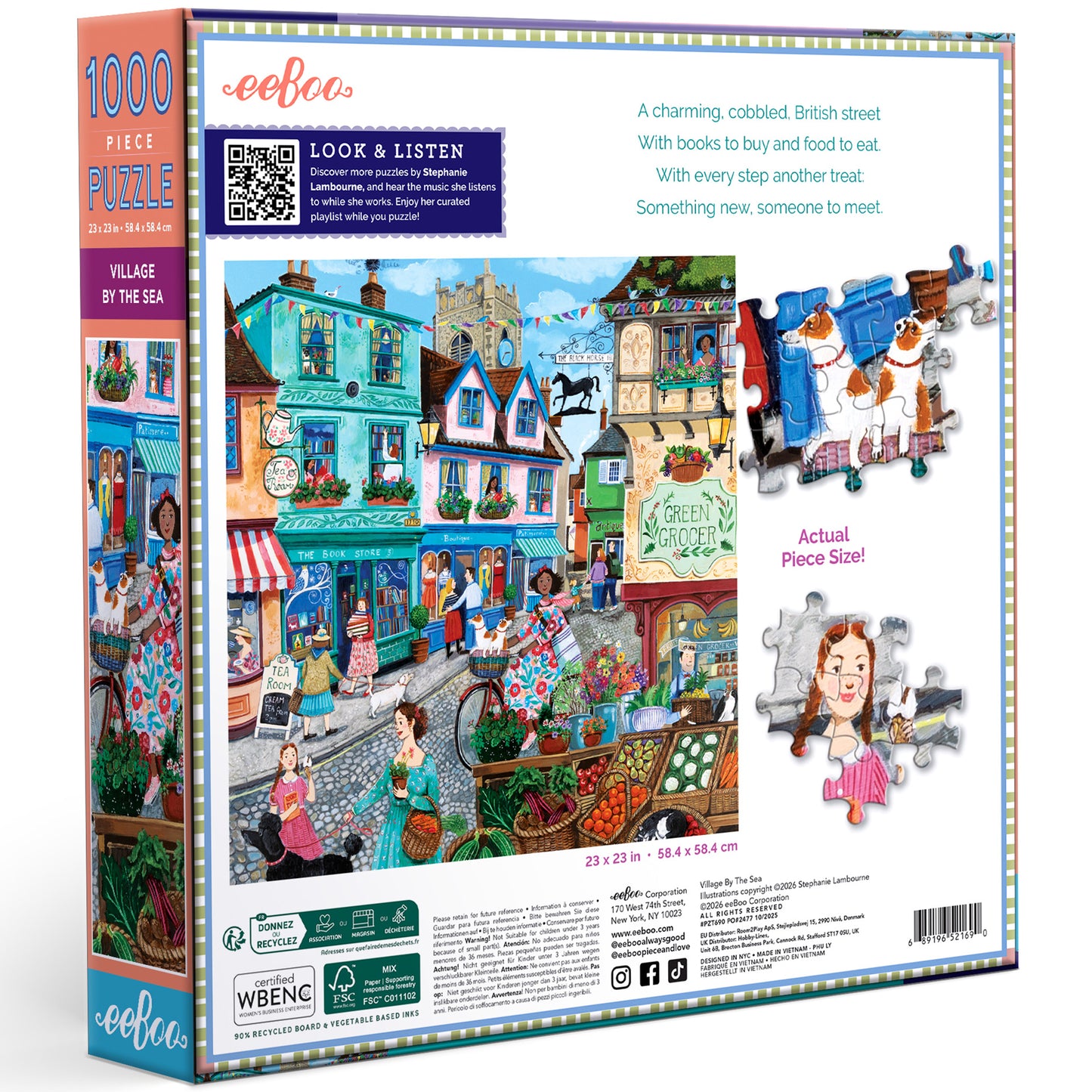 eeBoo Village By The Sea 1000-piece puzzle box showing colorful British street scene with bookstore and market
