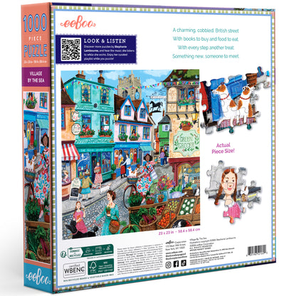 eeBoo Village By The Sea 1000-piece puzzle box showing colorful British street scene with bookstore and market