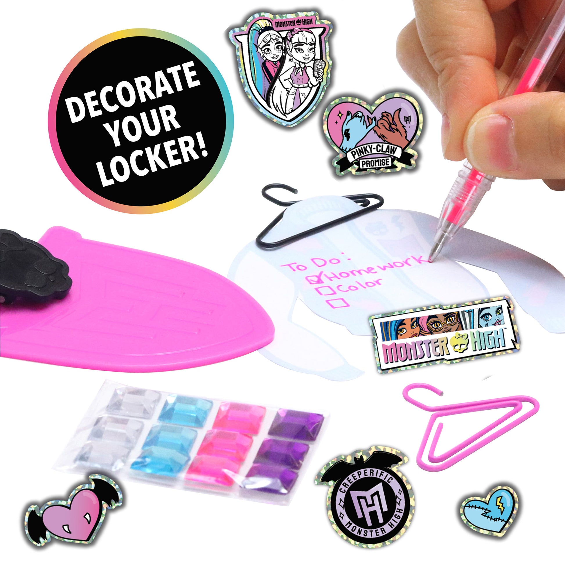 Monster High Locker Activity Set with pink locker, stickers, markers, and decorative accessories