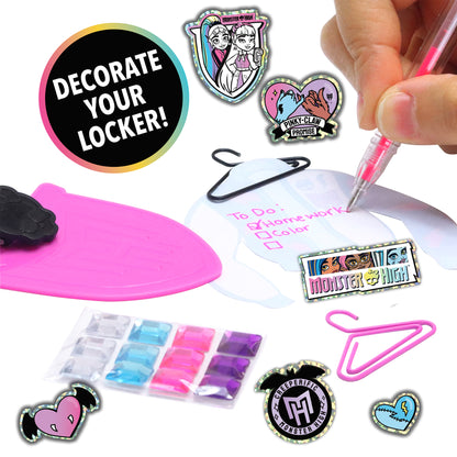 Monster High Locker Activity Set with pink locker, stickers, markers, and decorative accessories