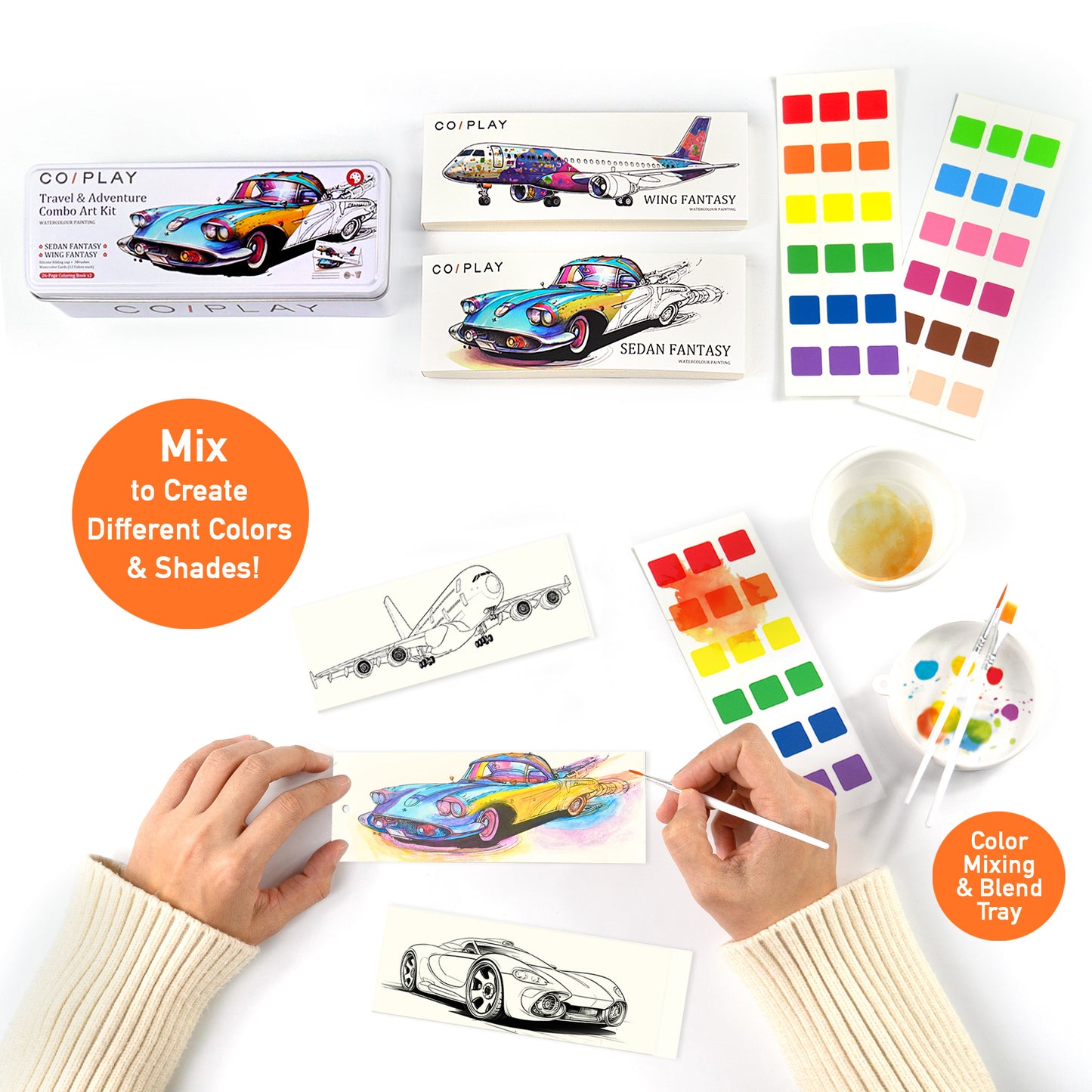 COIPLAY Watercolor Art Kit with vehicle designs, color mixing tray, and paint palette