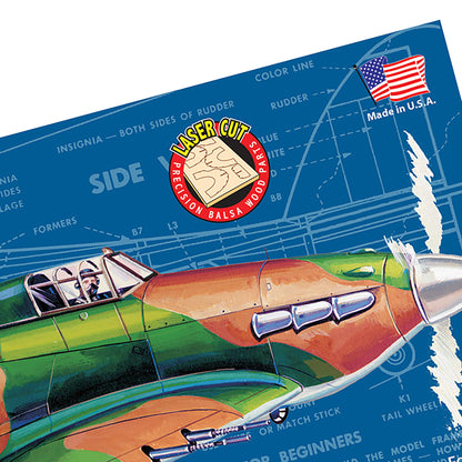 Guillow's Hawker Hurricane balsa wood model airplane kit with red and green fuselage