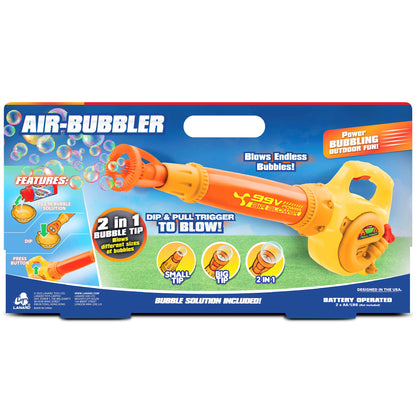 Air-Bubbler bubble blower toy in orange and yellow with 2-in-1 interchangeable tips