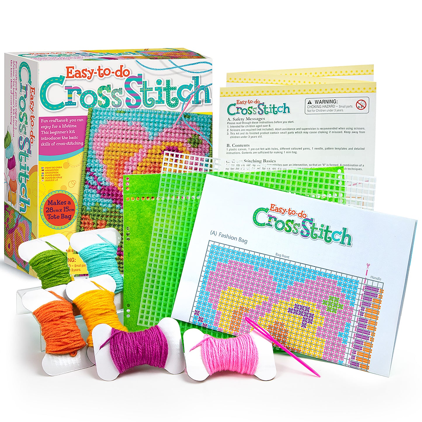 Easy-to-do Cross Stitch kit with colorful yarn spools, canvas, needles, and pattern guide