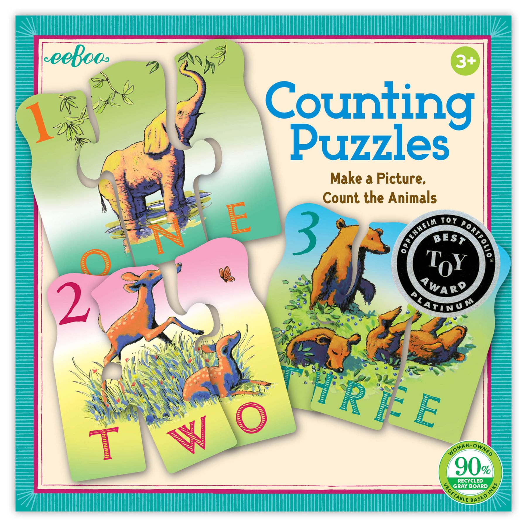 Eeboo Counting Puzzles box featuring colorful puzzle pieces with numbered elephants and animals in jungle scenes for ages 3+