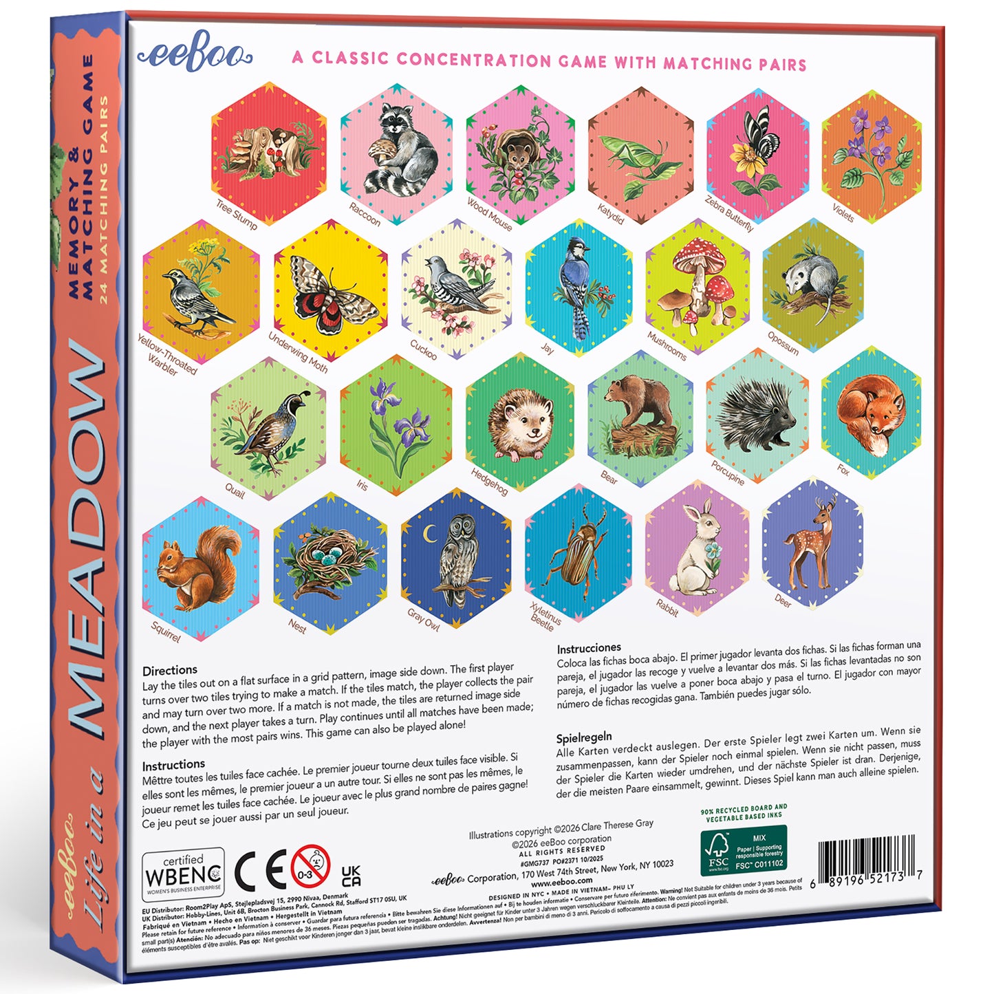 eeBoo Memory & Matching Game: Life in a Meadow concentration card game with colorful animal hexagon tiles
