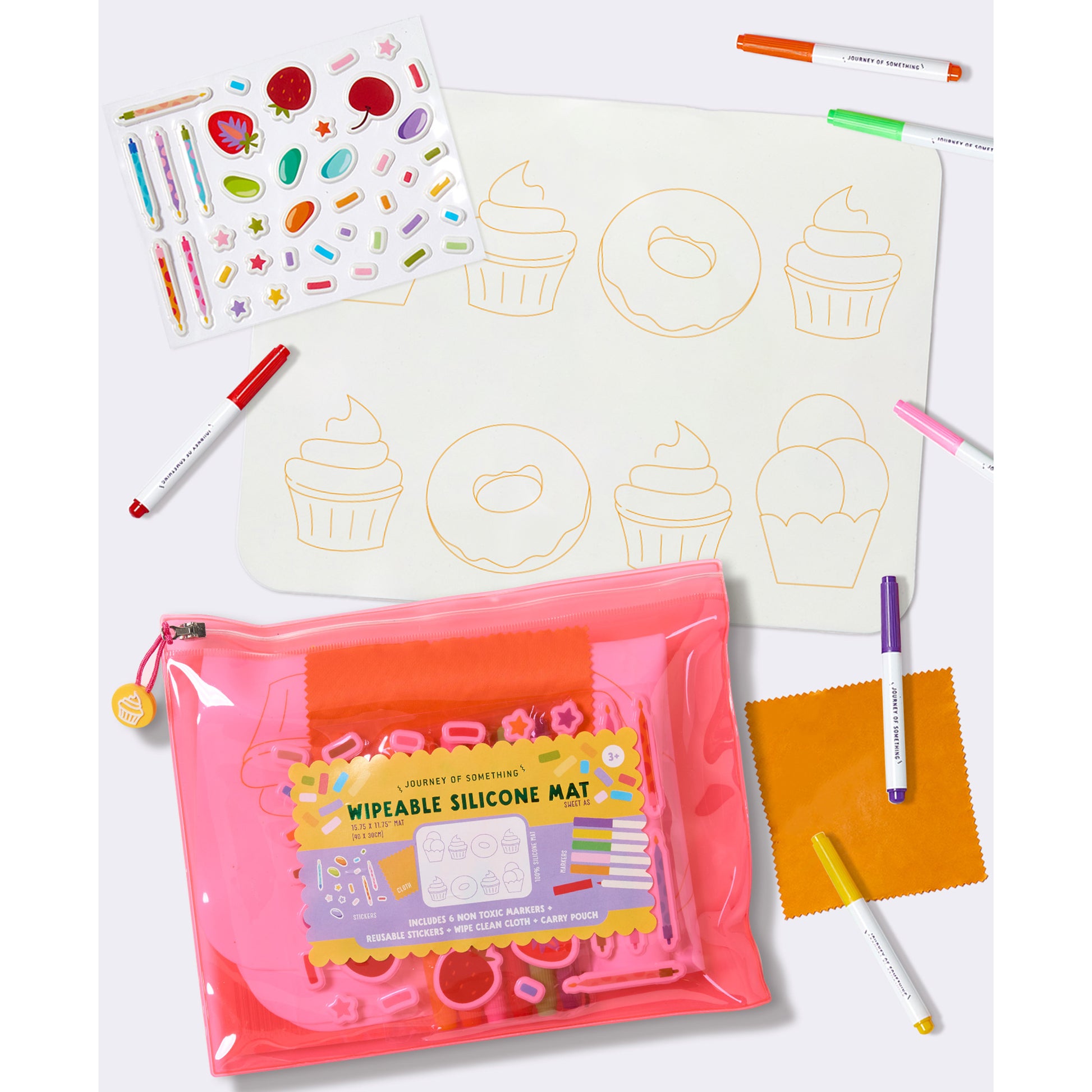 JOS Wipeable Silicone Mat Sweet As coloring set with markers, stickers and pink carry pouch