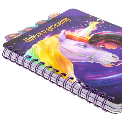 Unicorn Academy 4 Tab Journal with rainbow mane, purple spiral binding, and magical design