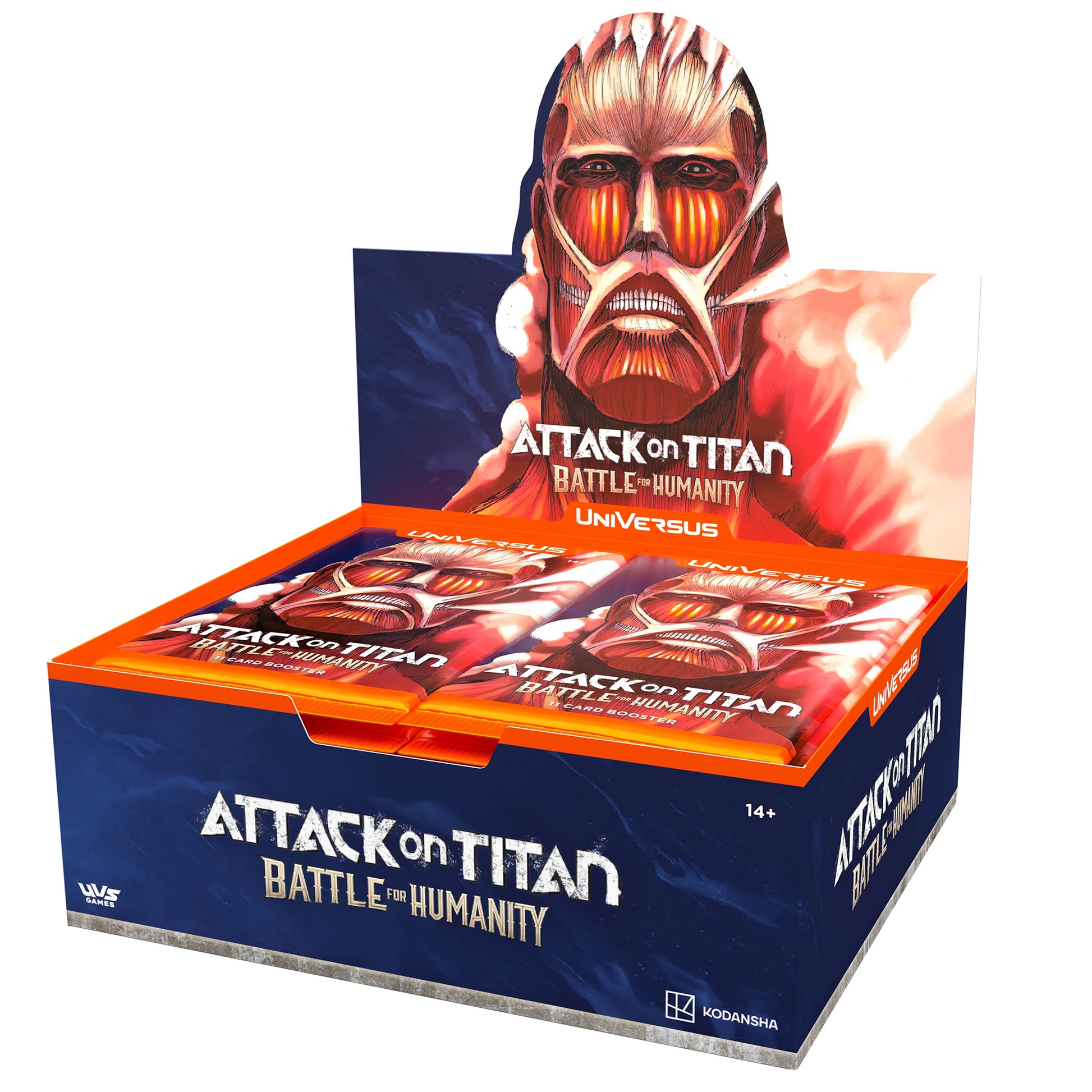 UniVersus Attack on Titan Battle for Humanity Booster Display Box with 24 packs, featuring Colossal Titan artwork