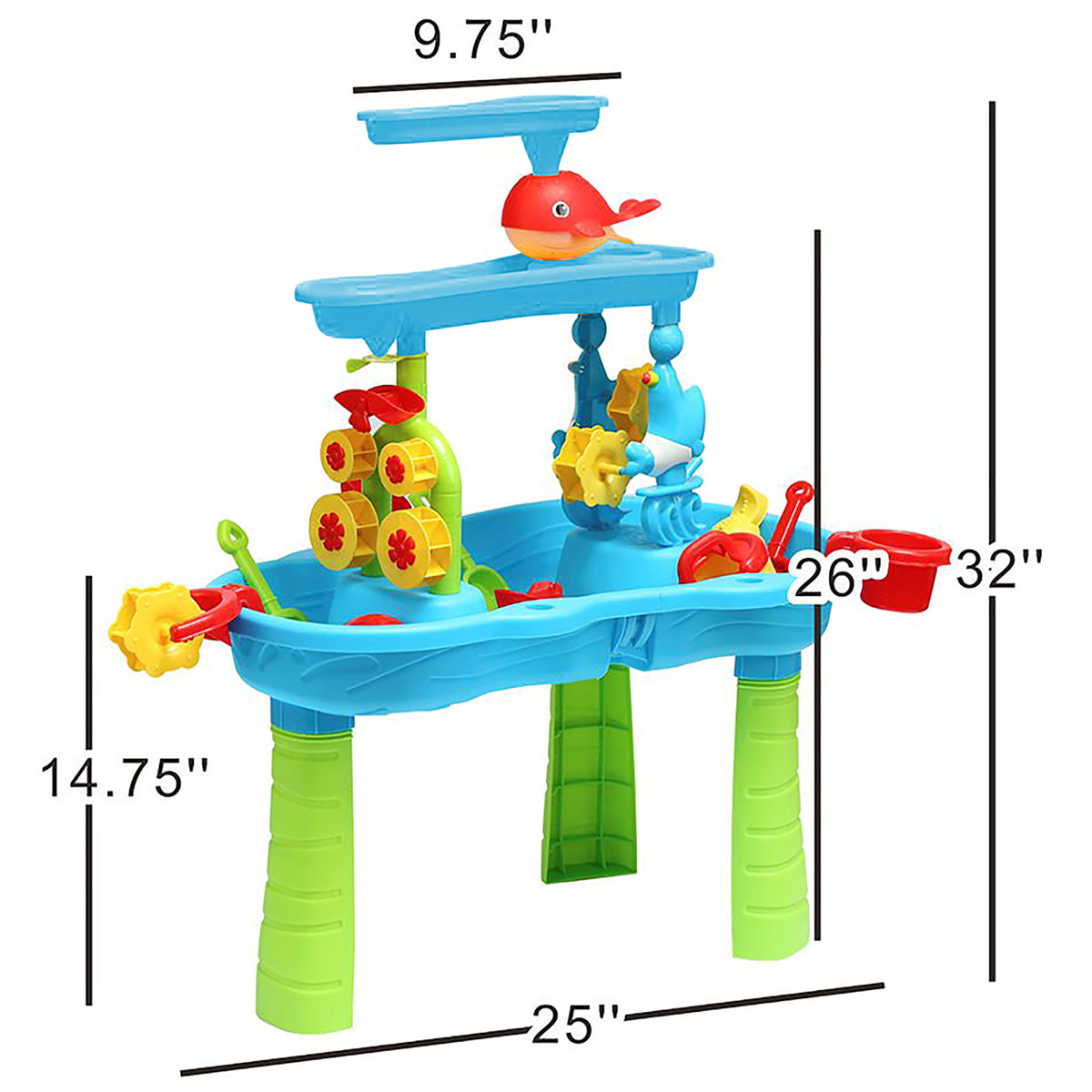 Trimate 3-Tier Sand & Water Table in blue and green with accessories including watering can, bucket, and toy animals