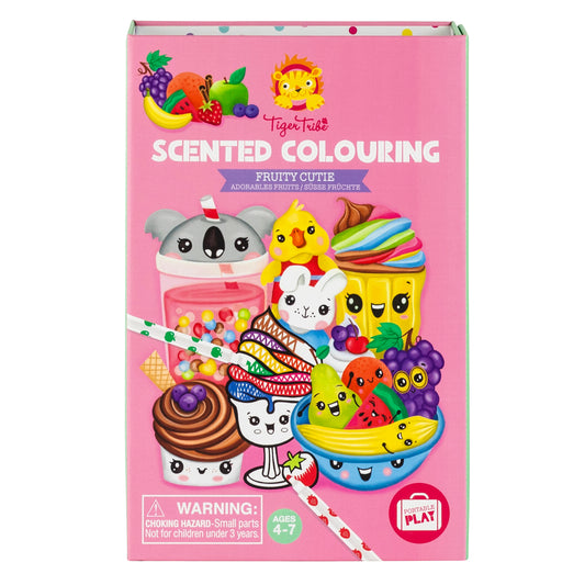 Tiger Tribe Fruity Cutie Scented Coloring set box featuring pink packaging with cartoon fruit and dessert characters, ages 4-7
