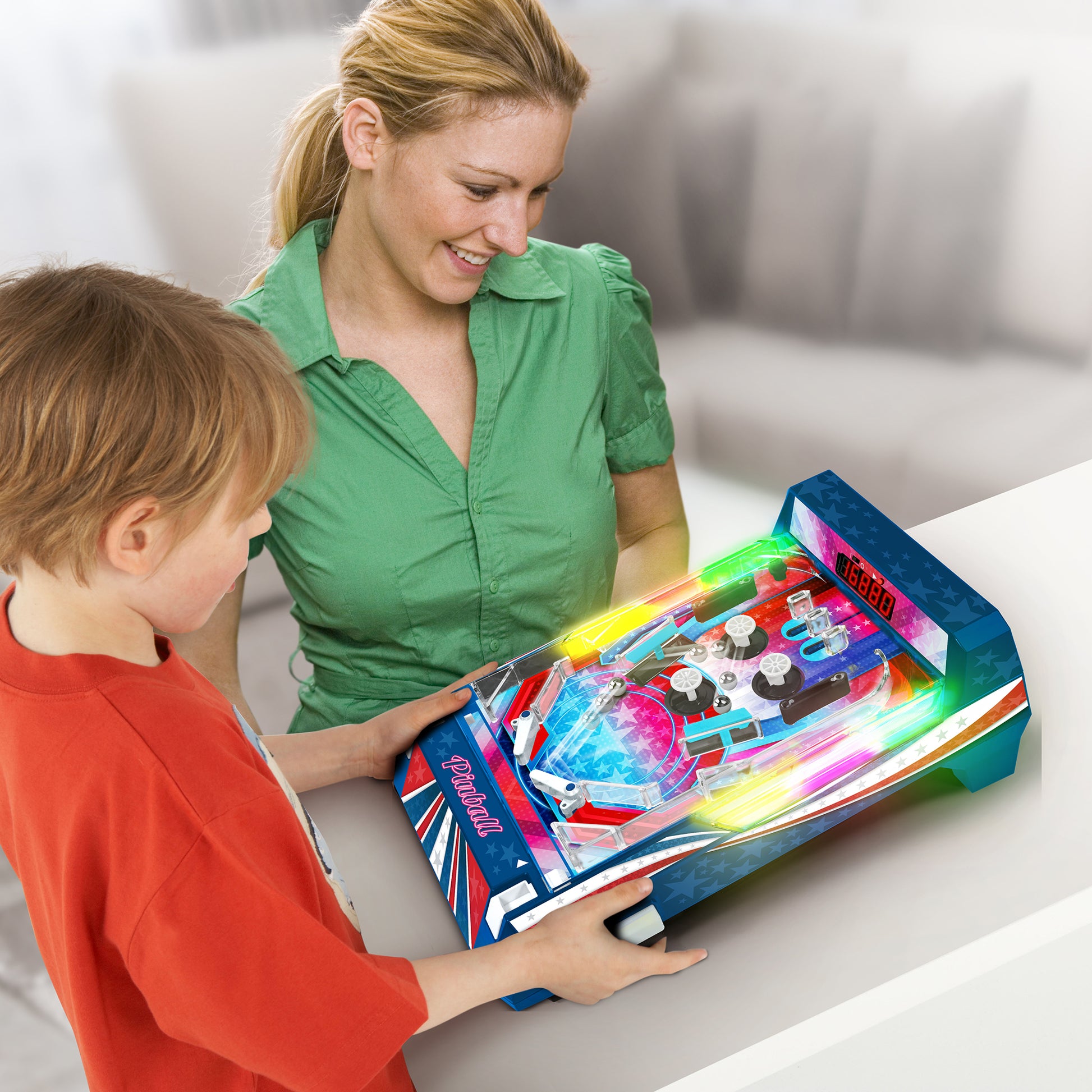 Retro Arcade Electronic Pinball game with colorful LED lights, shown with child and adult playing