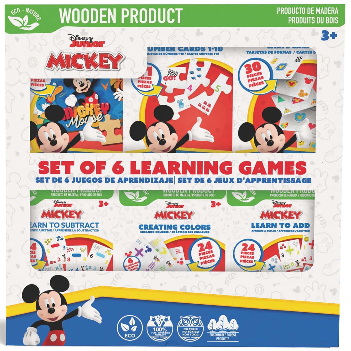 Disney Mickey Set of 6 Learning Games wooden puzzle set with math and color activities