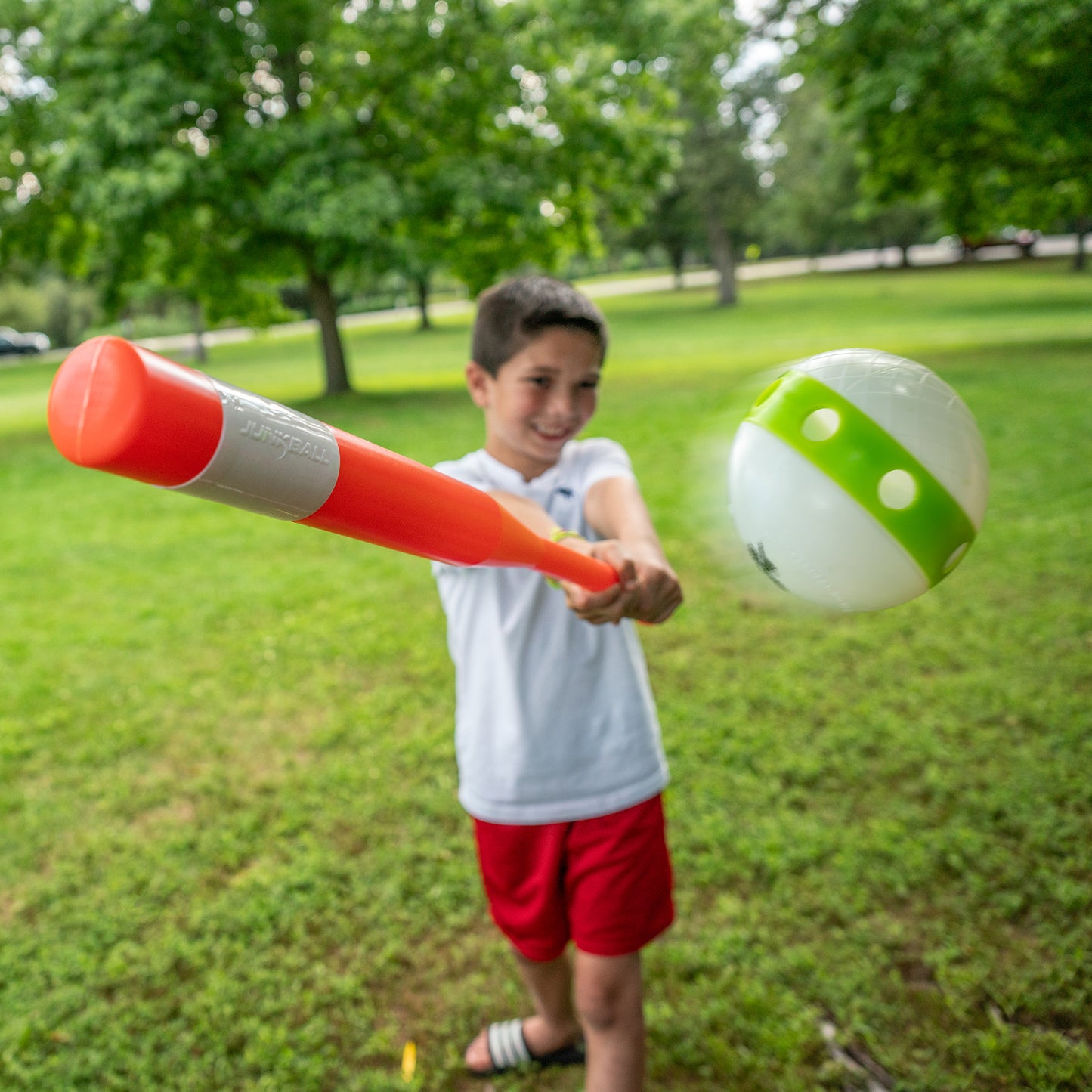Junk Ball T-Ball Set red bat and green white ball outdoor play