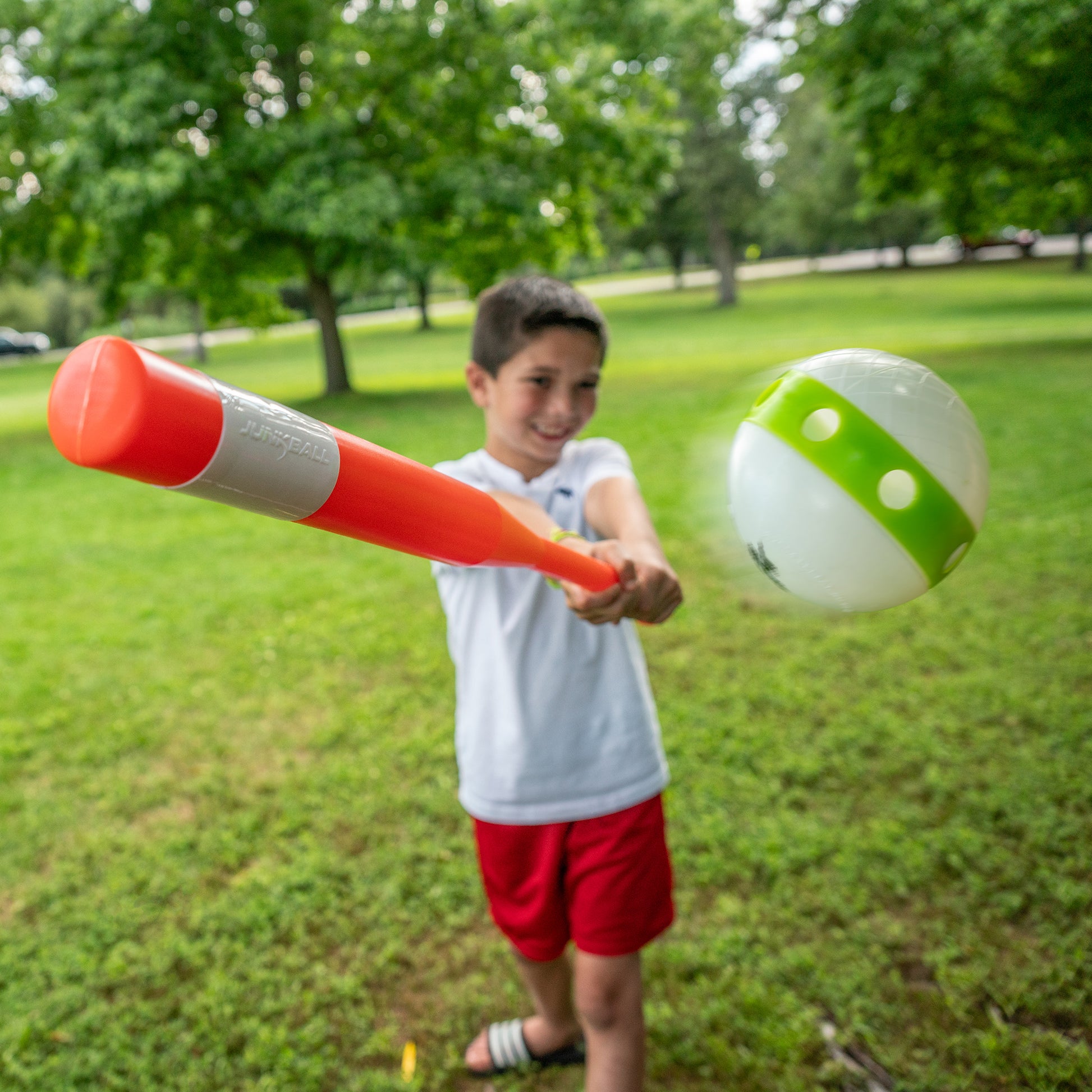 Junk Ball T-Ball Set red bat and green white ball outdoor play