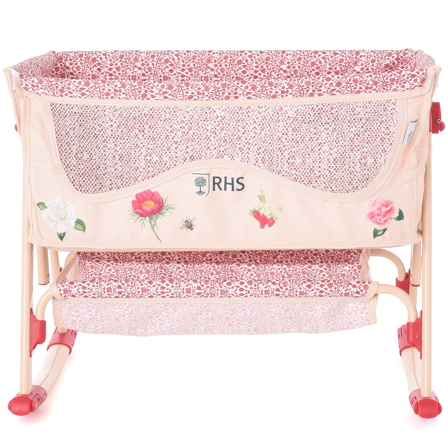 Roma RHS Bedside Crib Flora in pink with floral design and mesh panels