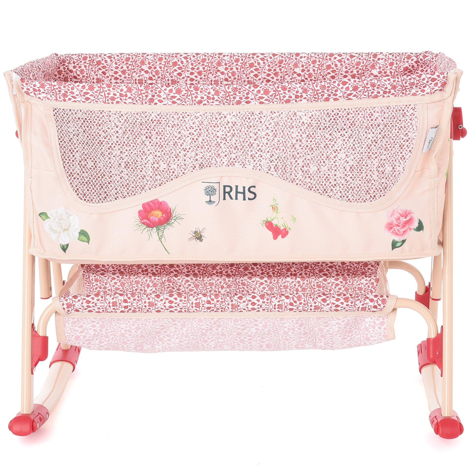 Roma RHS Bedside Crib Flora in pink with floral design and mesh panels