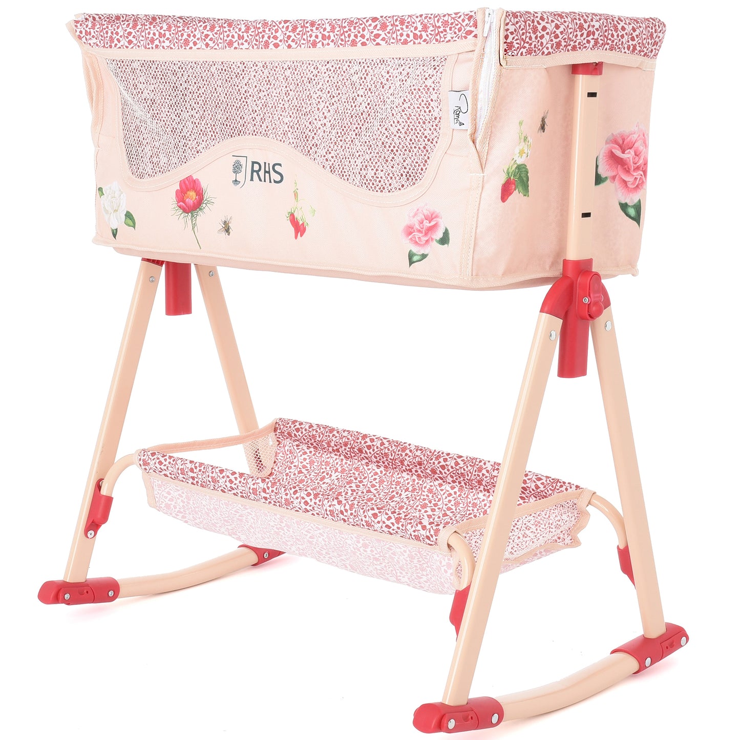 Roma RHS Bedside Crib Flora pink with floral design and mesh sides