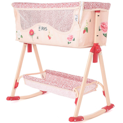 Roma RHS Bedside Crib Flora pink with floral design and mesh sides