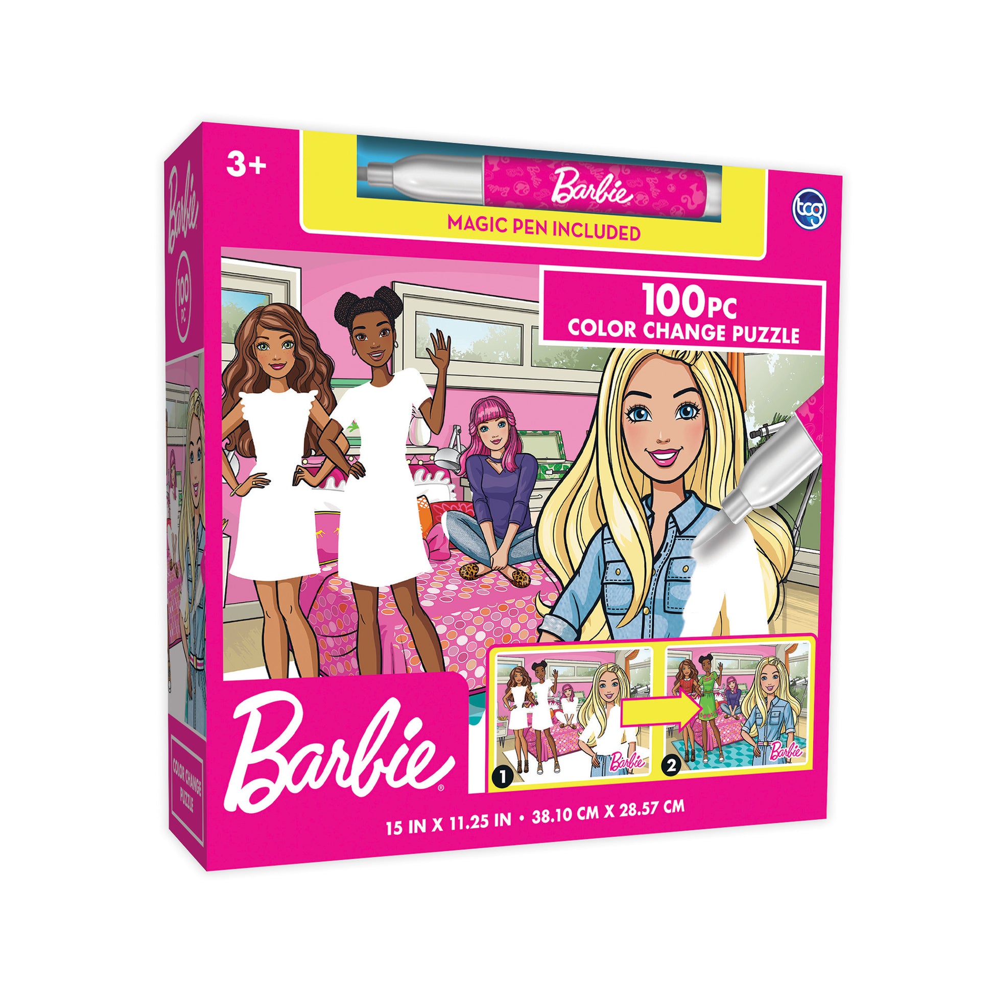 Barbie Color Surprise 100pc jigsaw puzzle box with magic pen included, featuring Barbie dolls in a bedroom scene, age 3+