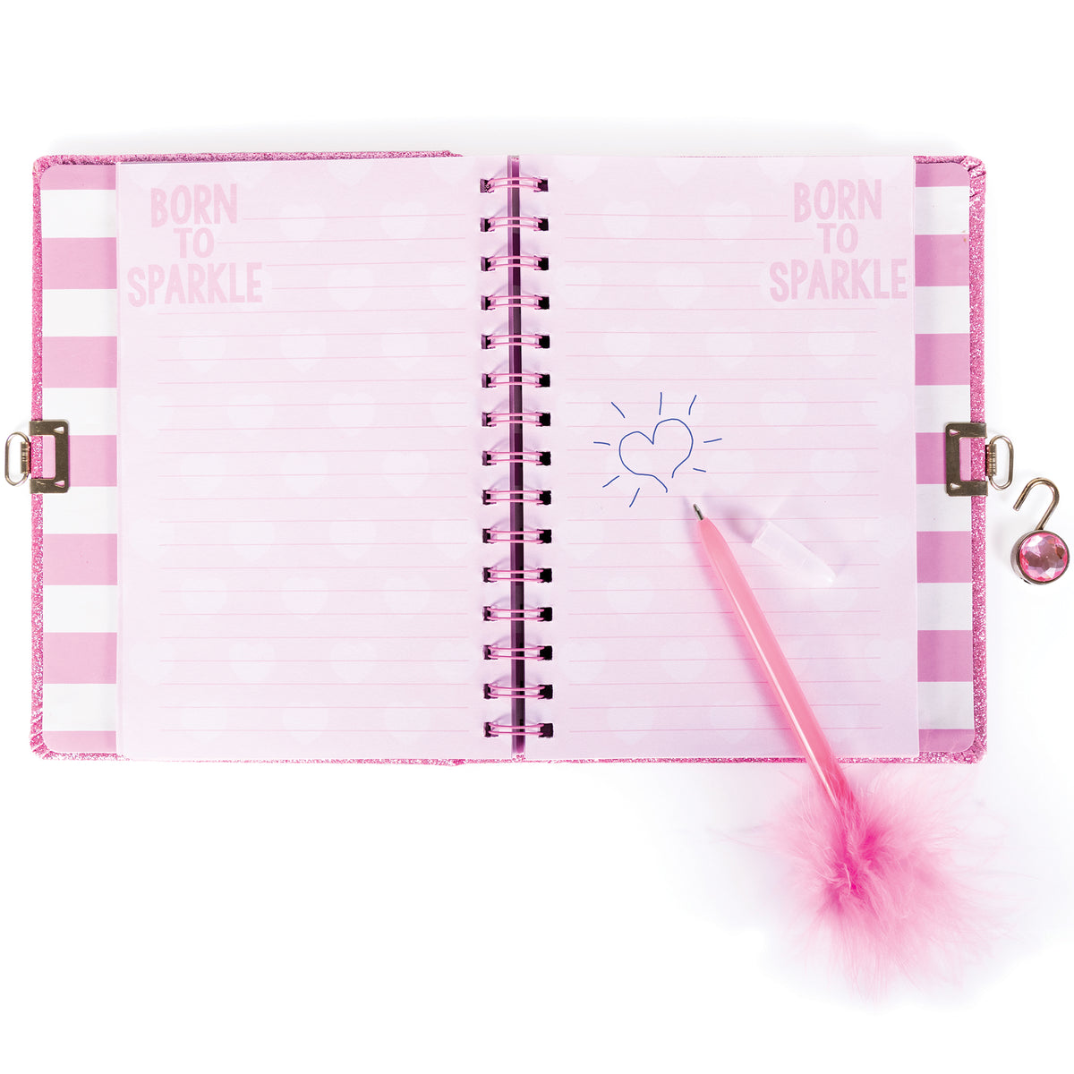 Born To Sparkle pink glitter journal with lock, spiral binding, and feather pen