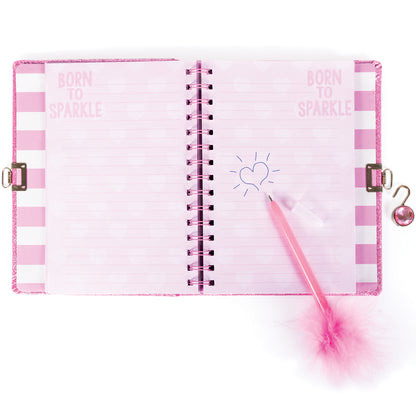 Born To Sparkle pink glitter journal with lock, spiral binding, and feather pen