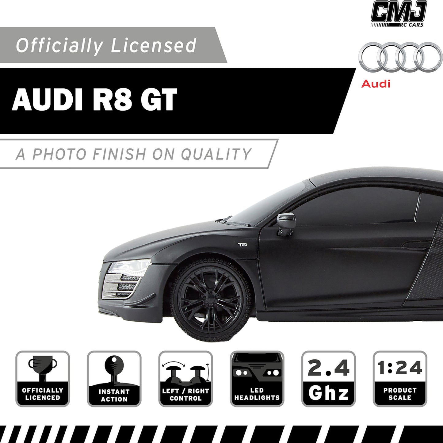 CMJ RC Cars Audi R8 GT - Black - 1:24 Scale Remote Control Car with LED Headlights and 2.4GHz Racing Frequency